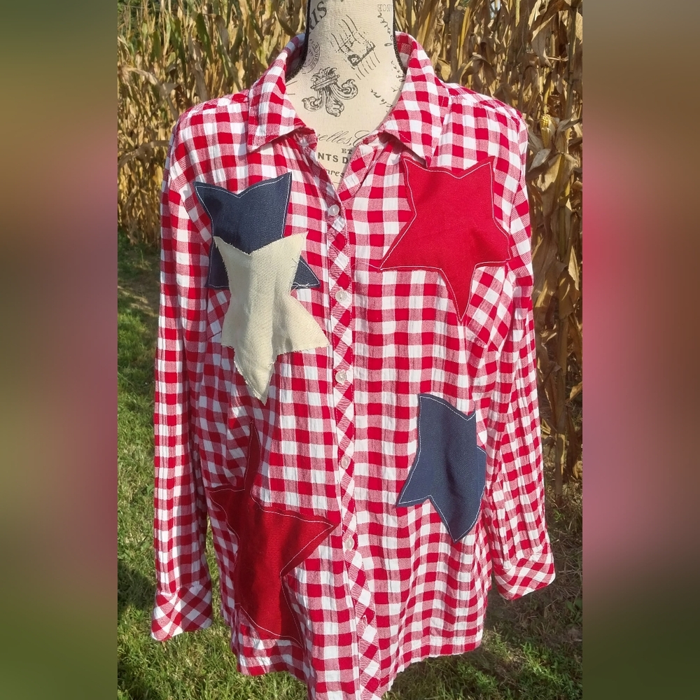 Red/White 4th Of JULY Gingham Western HIPPIE RECYCLED Star Shirt/ L